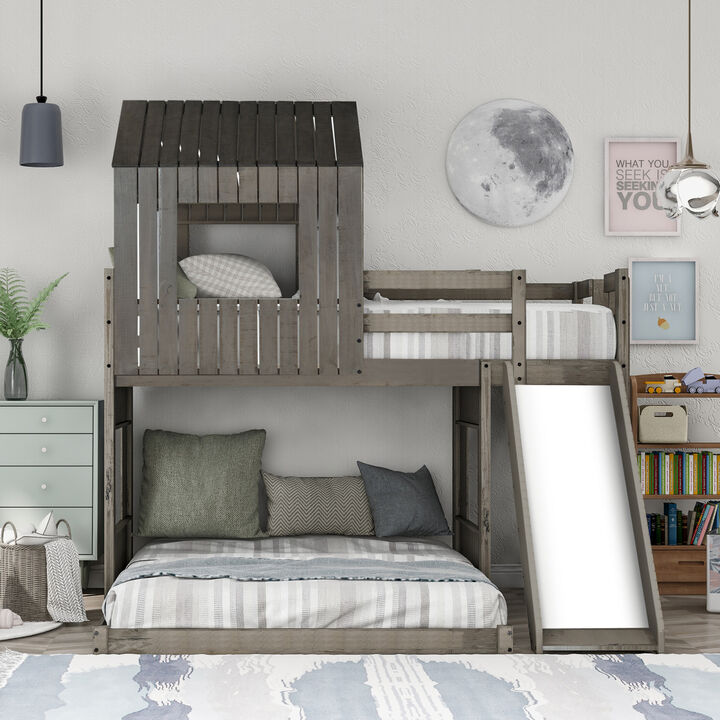 Wooden Twin Over Full Bunk Bed, Loft Bed with Playhouse, Farmhouse, Ladder, Slide and Guardrails, White