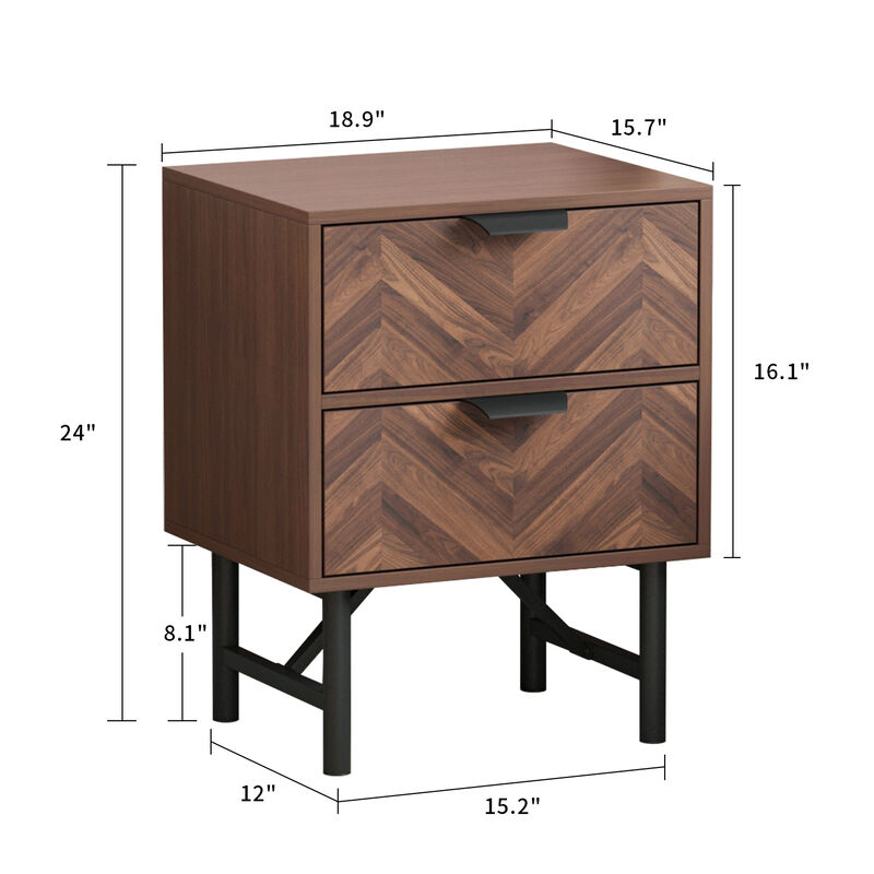 2-Drawer Brown Wood Nightstand With Metal Legs, Side Table Bedside Table 24 in. H x 18.9 in. W x 15.7 in. D