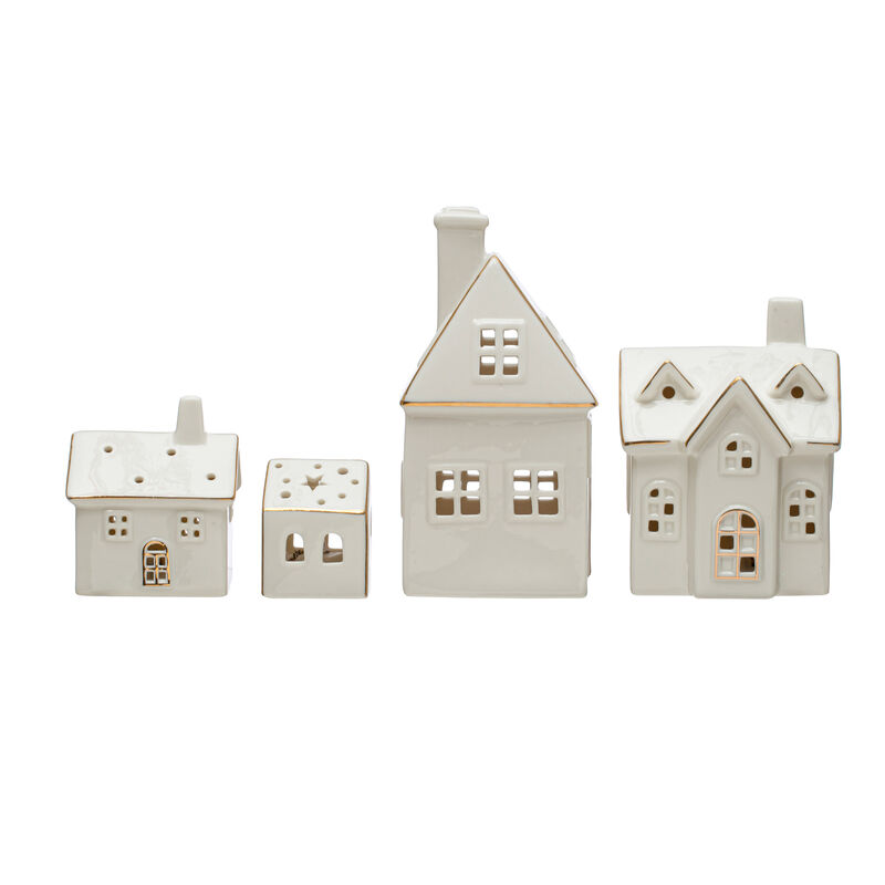 Stoneware Village with LED Lights and Electroplating, White, Set of 4 image number 0