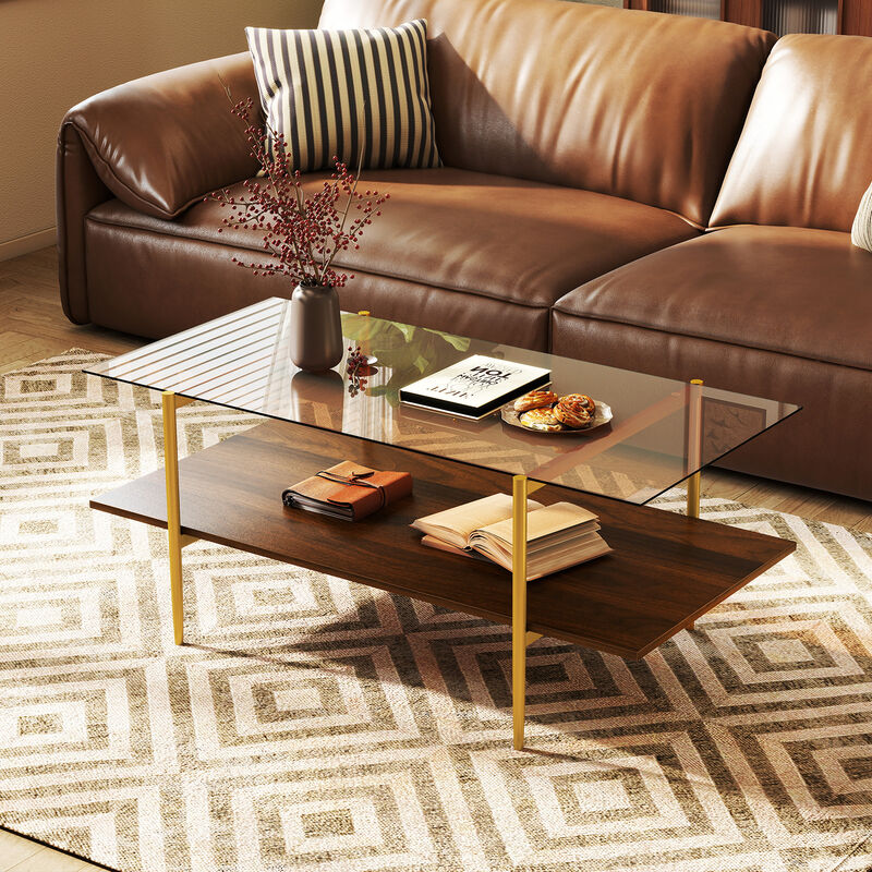 2-Level Glass Coffee Table with Durable Glass Top and Open Display Shelf