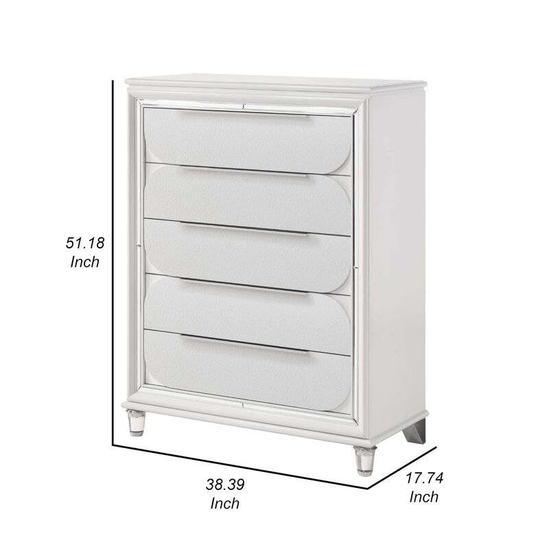 Benjara RARA 51 Inch Tall Dresser Chest, 5 Drawer, Mirror Trim, Acrylic, White and Silver