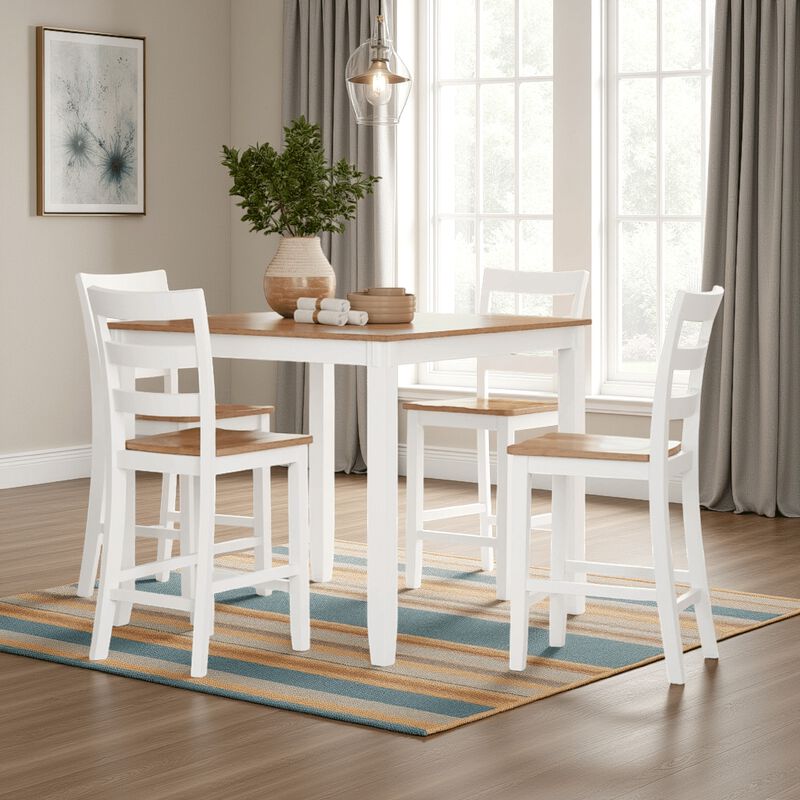Gasy Counter Height Dining Table Set, 4 Ladderback Chairs, White Brown - Benzara