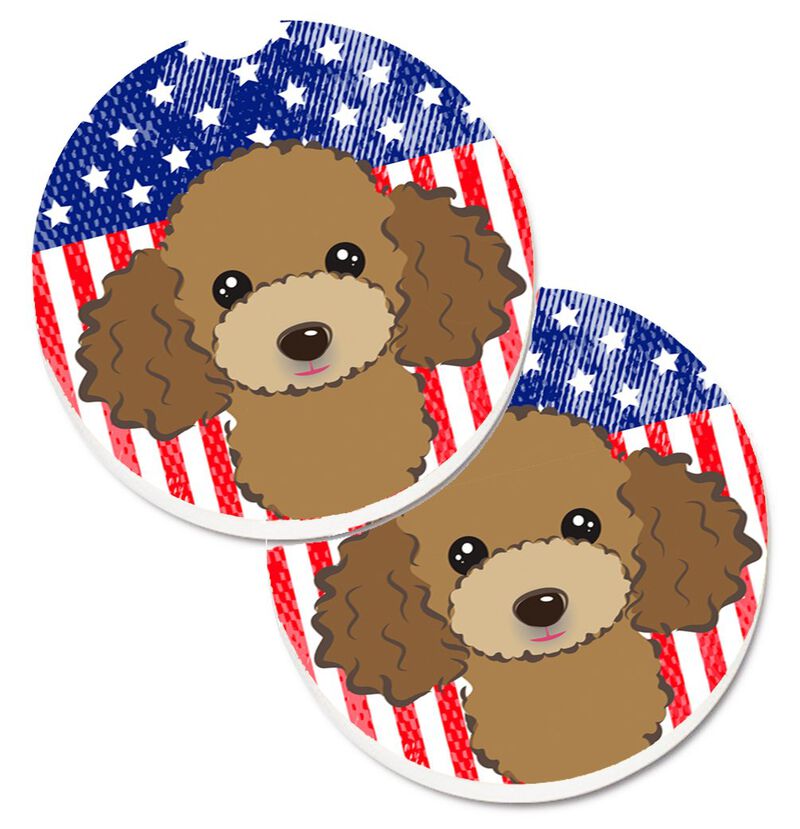 Caroline's Treasures American Flag & Chocolate Brown Poodle Set of 2 Cup Holder Car Coasters BB2186CARC, 2.56, Multicolor