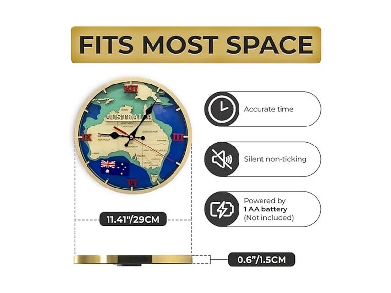 Australia Map Pattern Vintage Wooden Gold Wall Clock 41 Inch Silent Wood image number 1