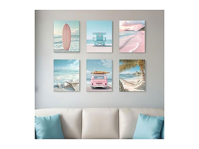 Pink Beach Scene Wall Art Surfboard 6 Pack Beachy Coastal Girls Tropical Days image number 1
