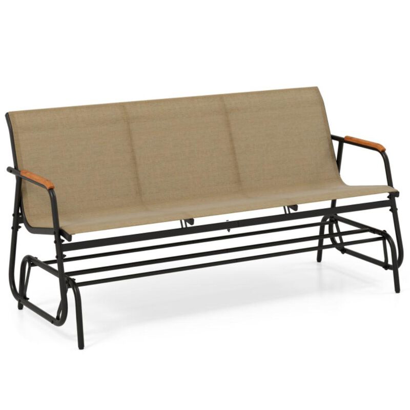 Hivvago Patio Glider Bench with Curved Teak Armrests and Breathable Fabric Seat for 3 People