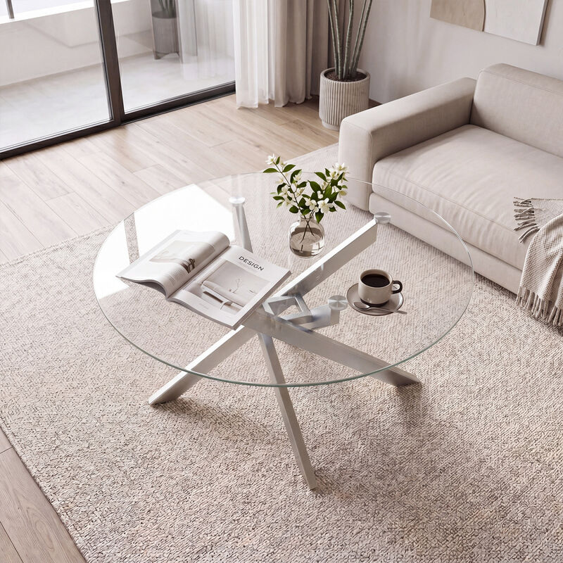 Circular Glass Coffee Table with Tempered Glass Top for Home Office Living Room image number 7