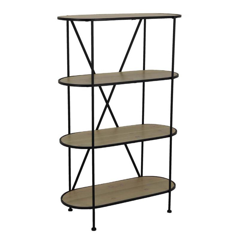 Kellie, Plant Display Stand, 4 Shelves, Black Metal Brown Wood 38 Inch - Benzara