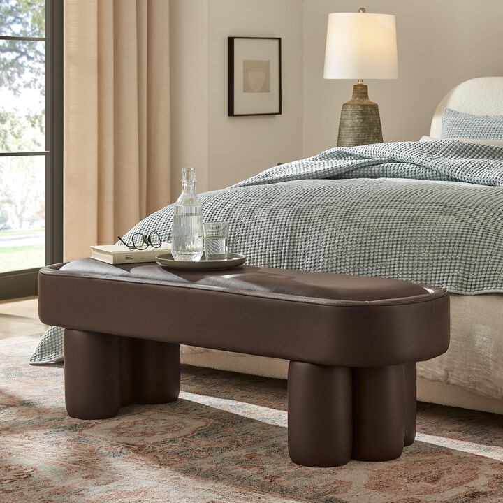 Modway Mossi 52-Inch Modern Oval Vegan Leather Bench in Mushroom &ndash; Upholstered Accent Bench with Cylindrical Clover-Leg Base for Bedroom, Entryway, or Living Room