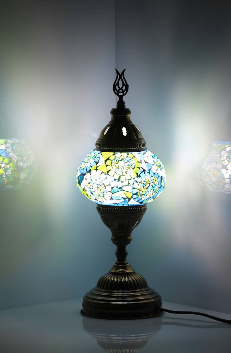 14.5 in. Handmade Turquoise Circles Mosaic Glass Table Lamp with Brass Color Metal Base image number 1