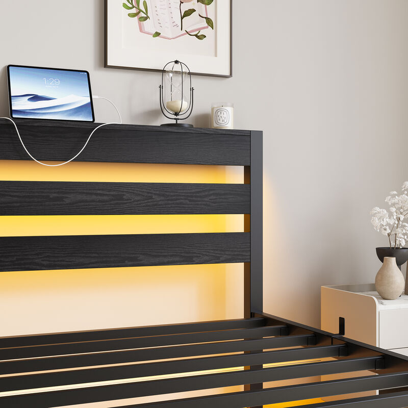 Platform Bed Frame with LED Lights & USB Charging Station, Rustic Wood Headboard, No Box Spring Needed image number 4