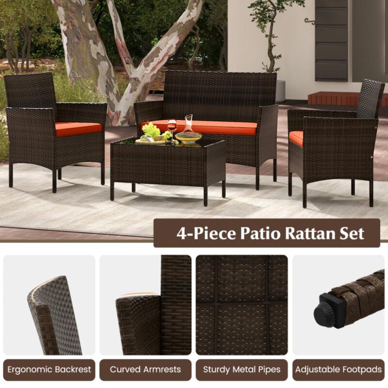 Hivvago 4 Piece Patio Rattan Conversation Set with Cozy Seat Cushions