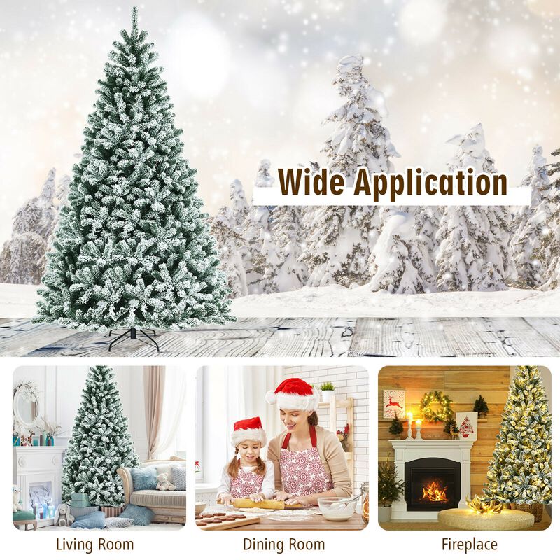 Pre-lit Snow Flocked Hinged Christmas Tree with Tips and Metal Stand
