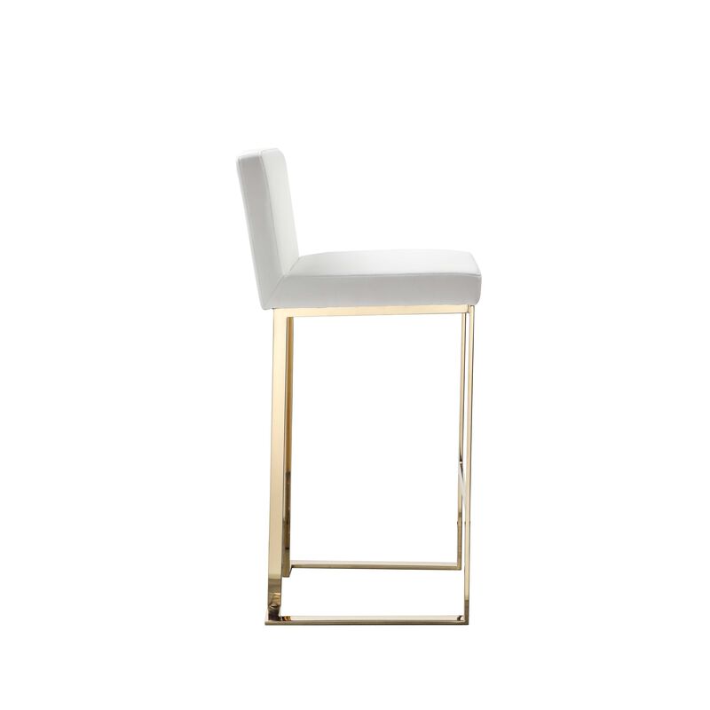 Boly 30 Inch Barstool Chair, Cushioned White Faux Leather, Gold Cantilever - Benzara image number 1