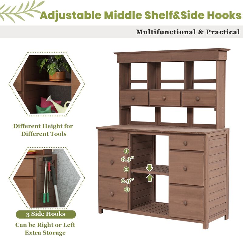 Potting Bench with Multiple Drawers & Shelves, Adjustable Shelf & Anti-Falling Device