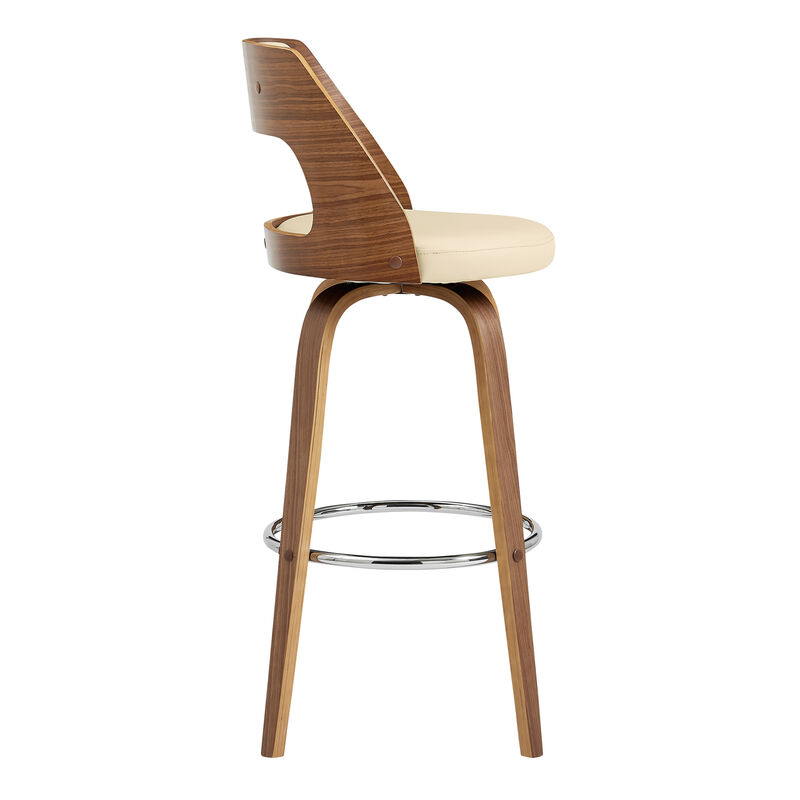 Axel Swivel Bar Stool in Brown Faux Leather and Walnut Wood