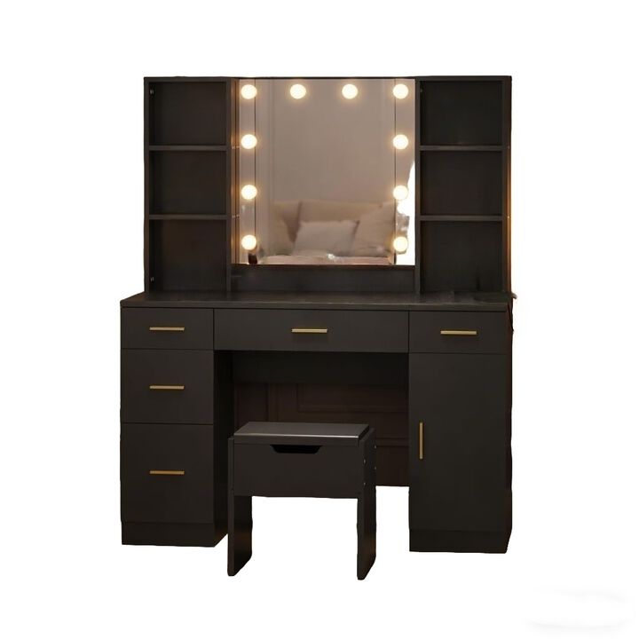Vanity Desk Table With Mirror and Lights for Women Girls, Makeup Vanity Desk with Power,Large Makeup Vanity Cabinets, Vanity Table With Stool for Bedroom, Dressing Room