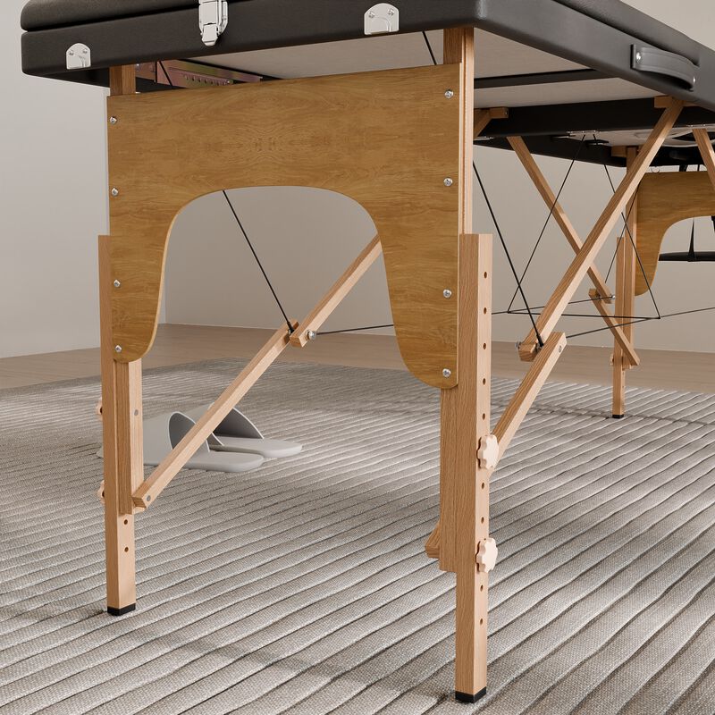 FUFU&GAGA Portable Folding Massage Bed with Solid Wood Legs & Metal Frame, Black PVC Leather Top (Open: 84.2 in. W x 21.2 in. D x 26.7 in. H / Folded: 36.2 in. W x 7 in. D x 21.2 in. H), Black