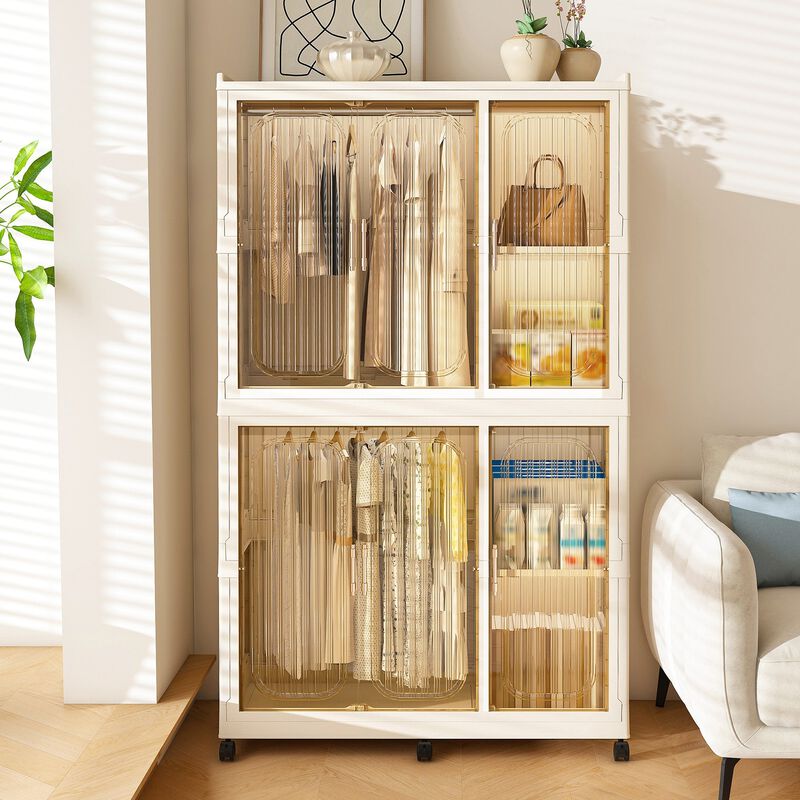Clihome Portable Wardrobe Closet Organizer,Clothes Dresser,6 Cubes&Magnetic Doors,with Hanging Rods,Hangers image number 2