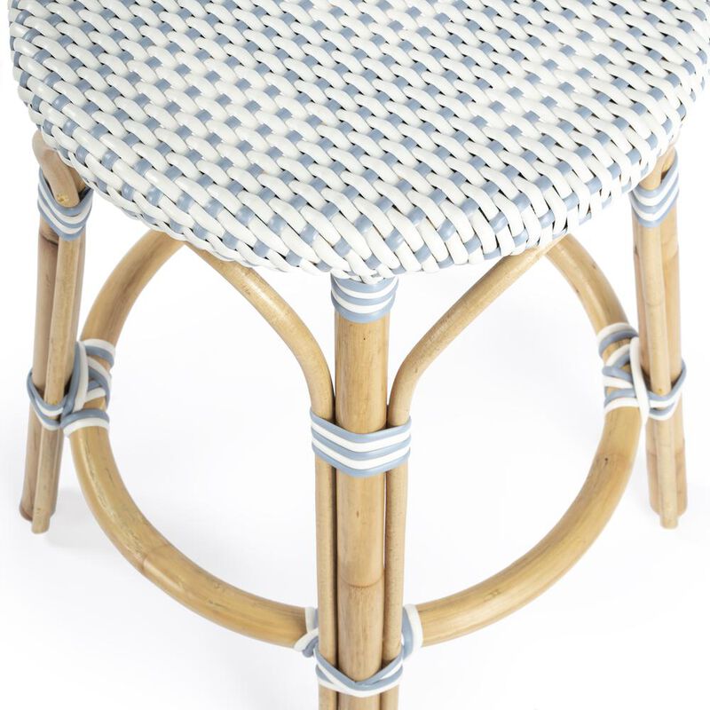 Butler Specialty Tobias Rattan Round 24 Counter Stool, White and Sky Blue Dot