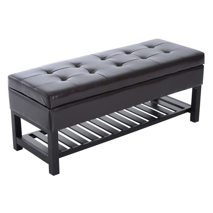 Multifunctional Dark Seat: 44" Tufted Faux Leather Ottoman with Shoe Storage