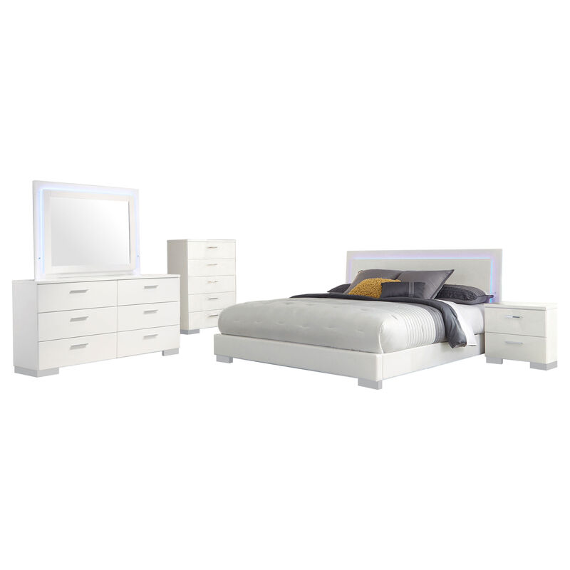Sok 5pc Queen Bedroom Set, Faux Leather, Blue LED Lights, White Wood
