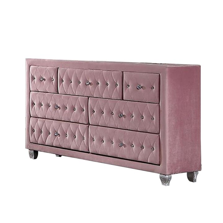 Benjara Zoha 59 Inch Wide Dresser Chest, 7 Drawer, Solid Wood, Upholstery, Pink and Silver