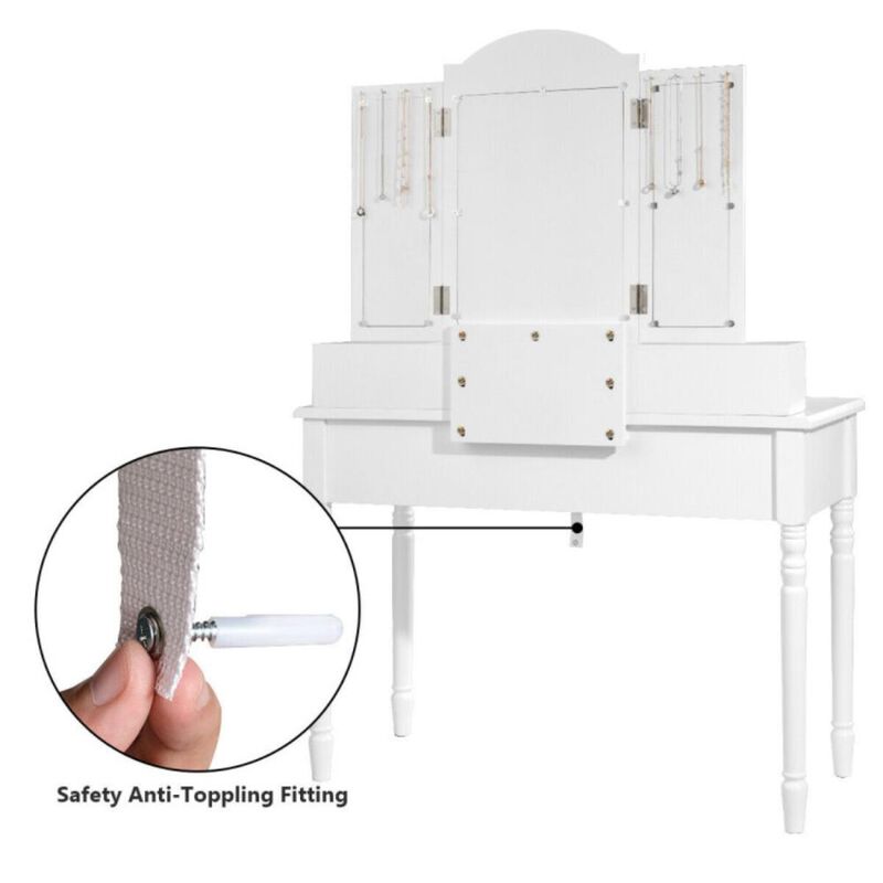 Hivvago Makeup Dressing Table with Tri-Folding Mirror and Cushioned Stool for Women