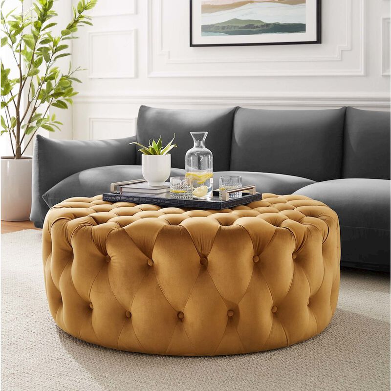 Amour Tufted Button Large Round Performance Velvet Ottoman image number 3