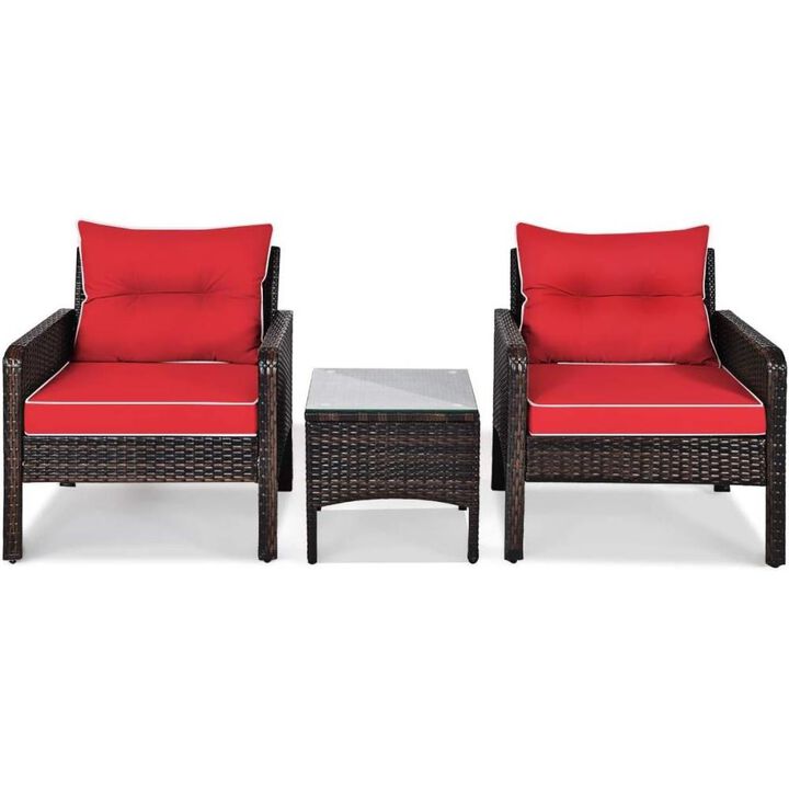 Hivvago 3-Piece Brown PE Rattan Outdoor Dining Patio Furniture Set with Red Cushions