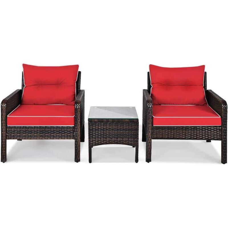 Hivvago 3-Piece Brown PE Rattan Outdoor Dining Patio Furniture Set with Red Cushions