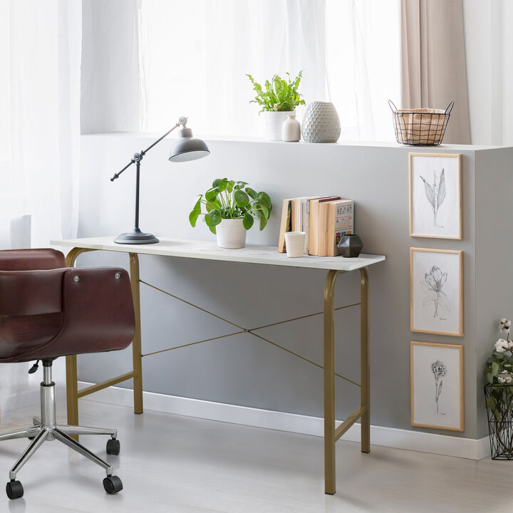 Home Office Computer Desk with Metal Base, Faux Marble/Brass