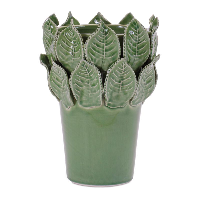Stoneware Vase with Leaf Accent for Tabletop, Shelf, or Mantel Display