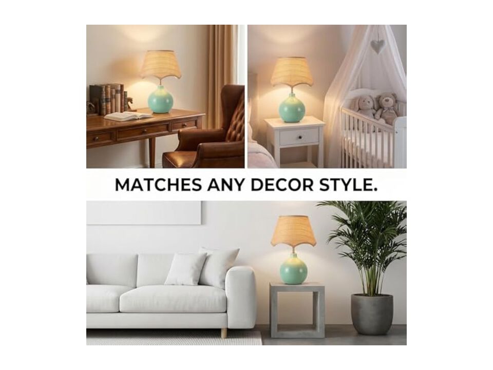 Boho Ceramic Rattan Table Lamp For Living Room Bedroom Office Green
