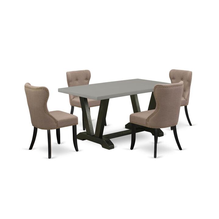 East West Furniture V696SI648-5 5-Piece Modern Dining Set- 4 Parson Dining Chairs with Coffee Linen Fabric Seat and Button Tufted Chair Back - Rectangular Table Top & Wooden Legs - Cement and Wire bru