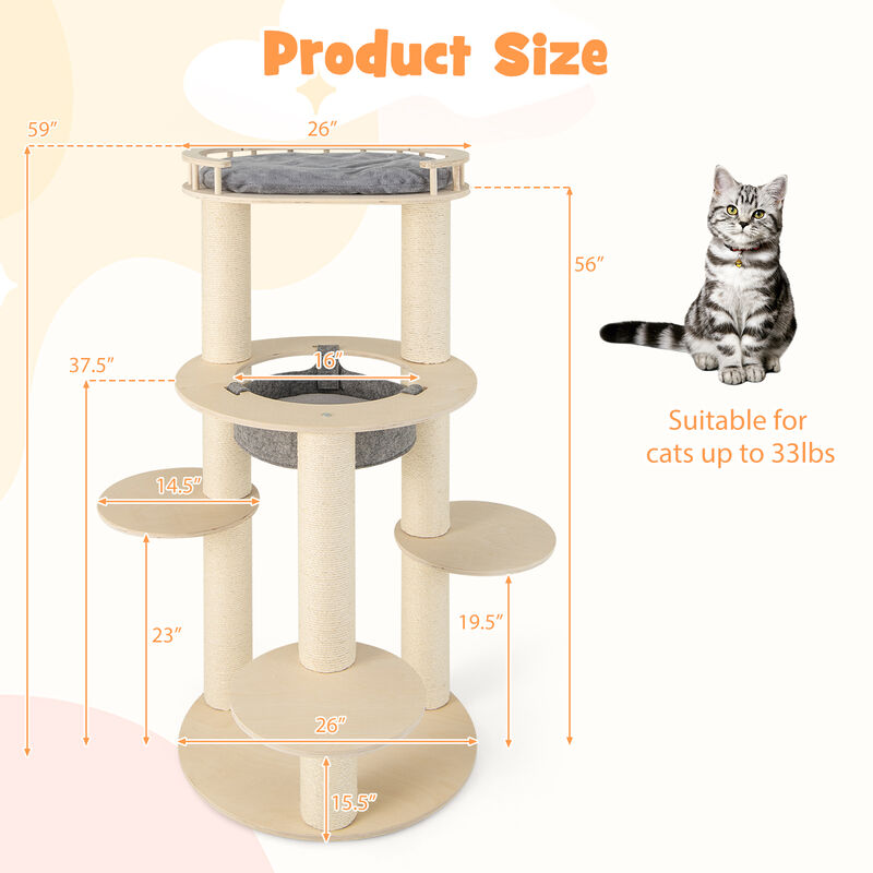 5-Level Wooden Cat Tree for Indoor Cats with Padded Perch & Non-Woven Hammock