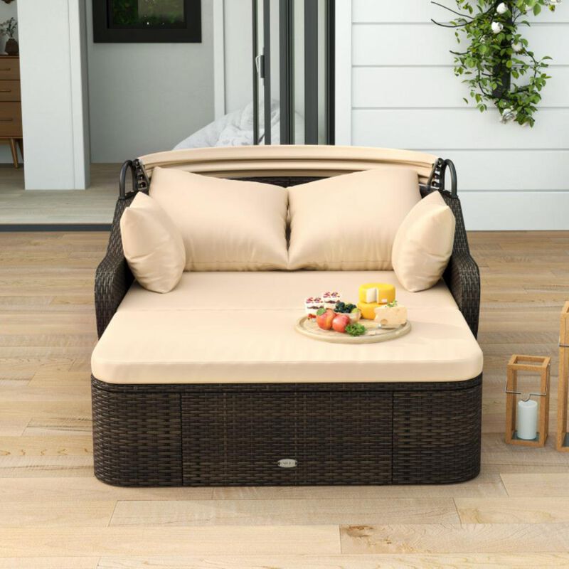 Hivvago Patio PE Rattan Daybed with Retractable Canopy and Soft Cushions