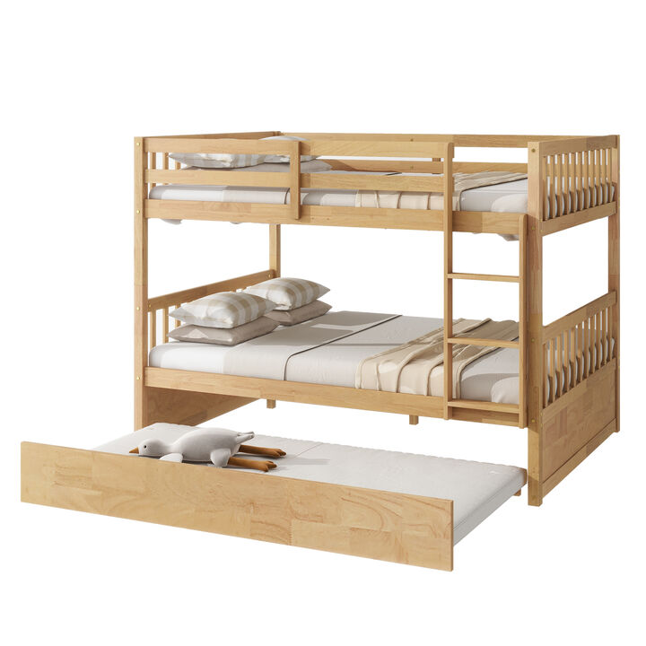 Whisen Convertible Full-Over-Full Bunk Bed with Twin Trundle, Rubber Wood Frame, Ladder and Safety Guardrails