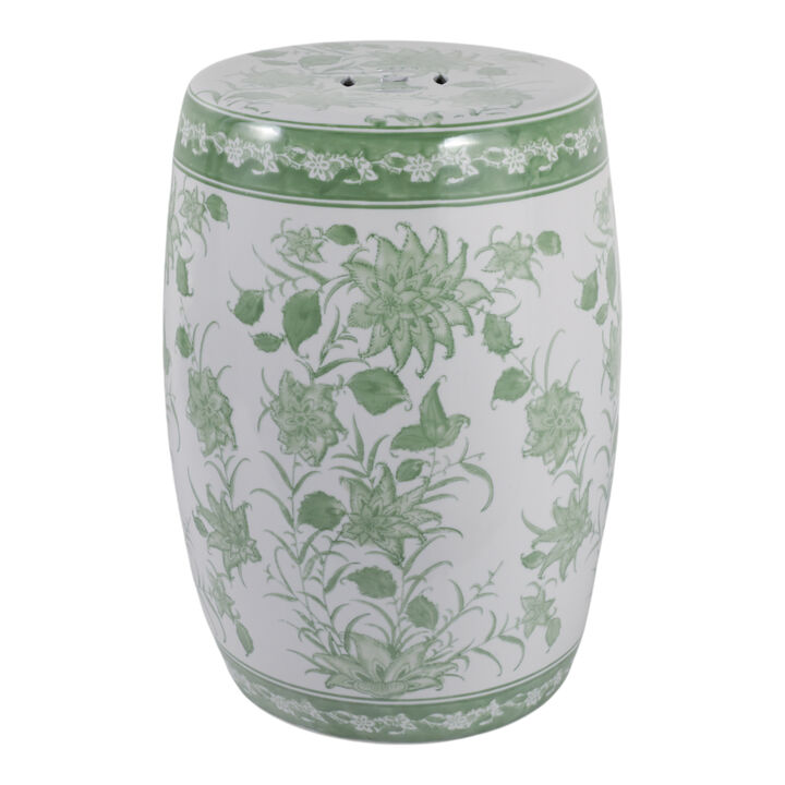 Cer,18" Pinwheel Flower Chinoiserie Stool, Grn/wh
