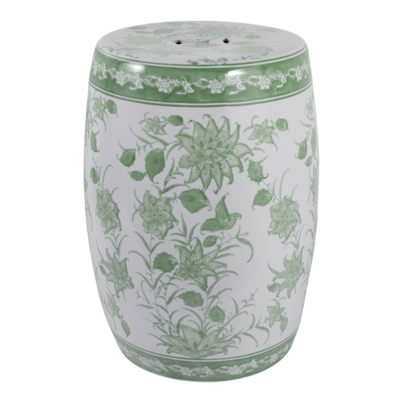 Cer,18" Pinwheel Flower Chinoiserie Stool, Grn/wh image number 0