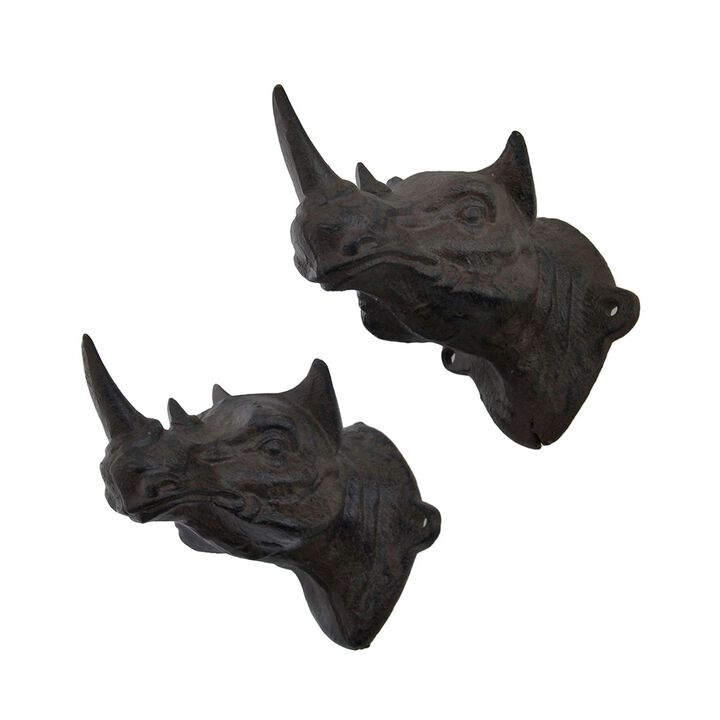 Set Of 2 Rustic Cast Iron Rhinoceros Head Wall Hooks