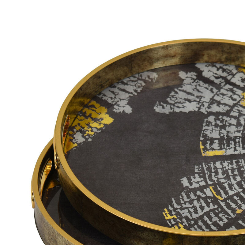 Archy Round Tray, Set of 2, Abstract Patterns, Black-Gold Polyurethane image number 4
