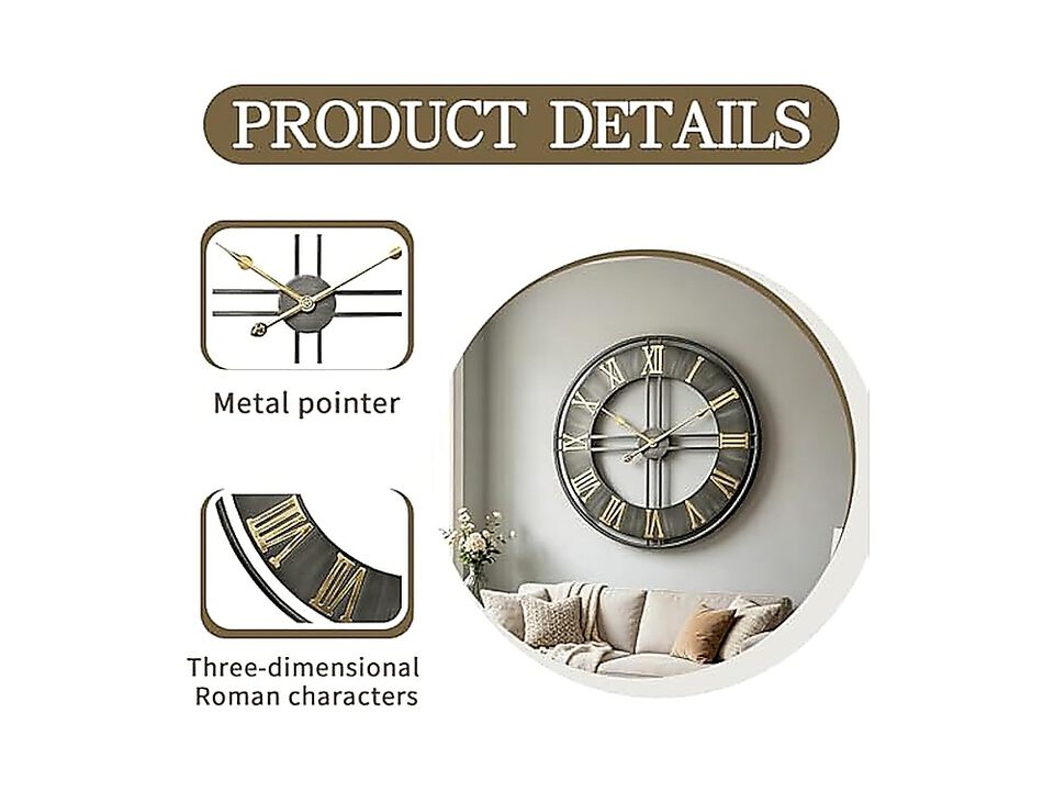 Large Wall Clock 20 Inch Metal Clocks Quartz Movement Roman Numerals Living Room