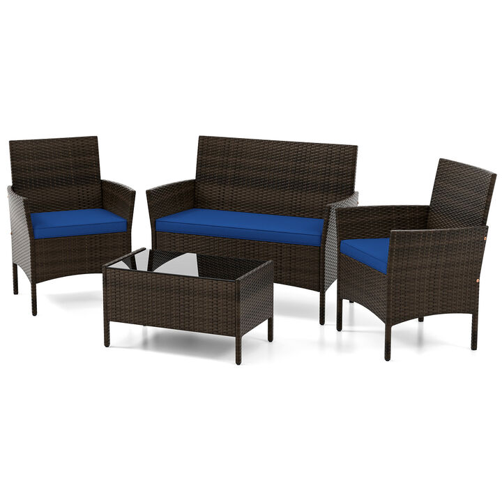 4 Piece Patio Rattan Conversation Set with Cozy Seat Cushions
