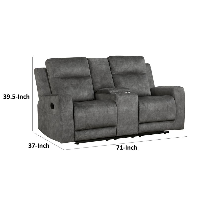 Tesy Manual Recliner Loveseat, Console, Dark Gray Microfiber 71 Inch - Benzara image number 2