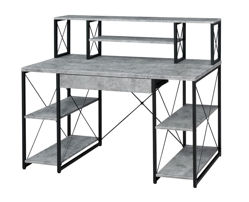 Metal Desk with 4 Open Bottom Shelves and Bookcase Hutch, Gray and Black