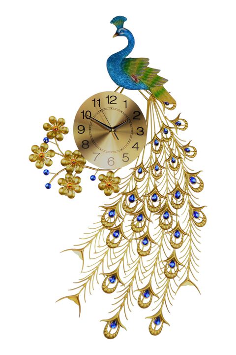 HomeRoots 21" Blue Green And Gold Metal Silent Analog Peacock Novelty Wall Clock