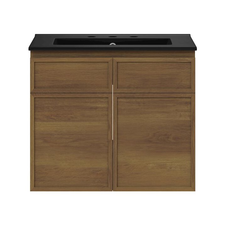 24" Wall-Mounted Bathroom Vanity in Brown Oak, Black 3-Hole Centerset Sink Top