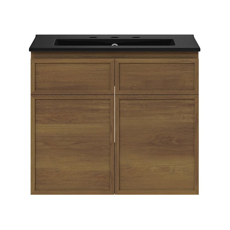 24" Wall-Mounted Bathroom Vanity in Brown Oak, Black 3-Hole Centerset Sink Top image number 0