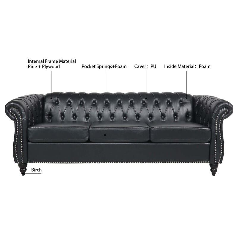 PU Rolled Arm Chesterfield Three Seater Sofa